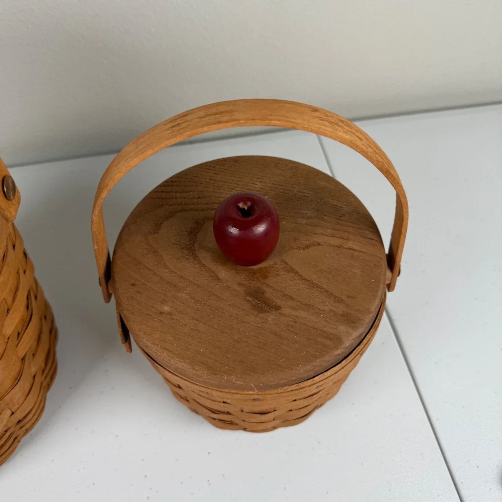 Vintage 1992 Longaberger Apple Fruit Basket Set of 2 Wooden Lids Plastic Liners